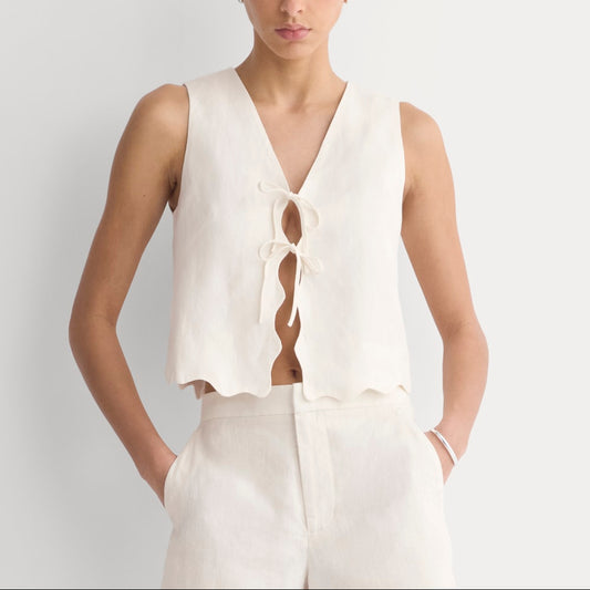 Tie-Front Scallop Tank in Linen | Bone