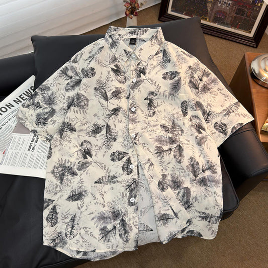 Ink Wash Leaf Allover Print Vacation Short Sleeve Shirt