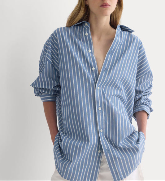 Back-Tie Oversized Shirt in Washed Poplin | Dutch Blue / Bone