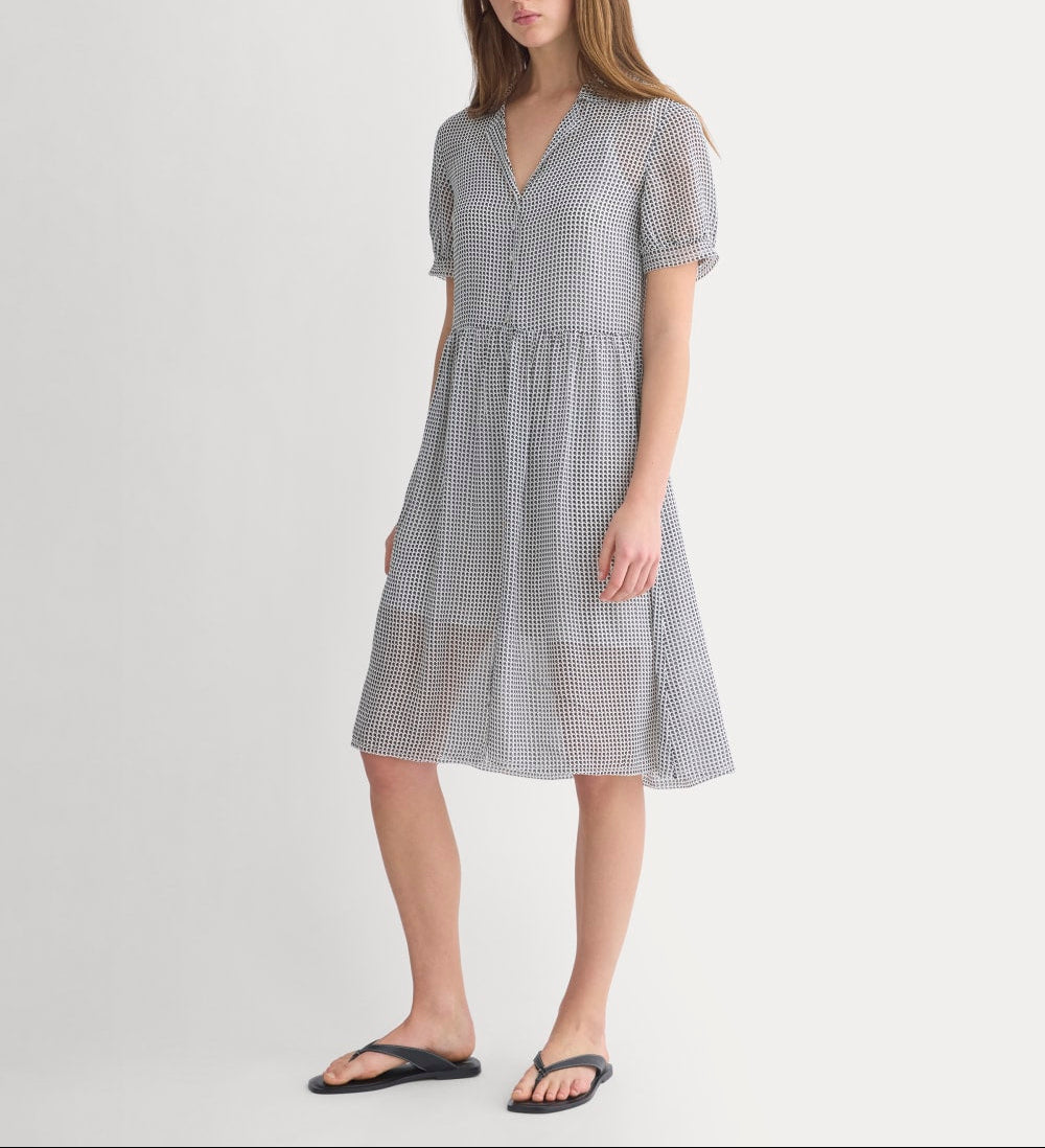 Notch Collar Shirtdress in Silk Georgette | Gardenia/Black Micro Dot
