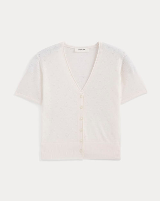 Lace Trim Cardigan in Fine Linen | Bone