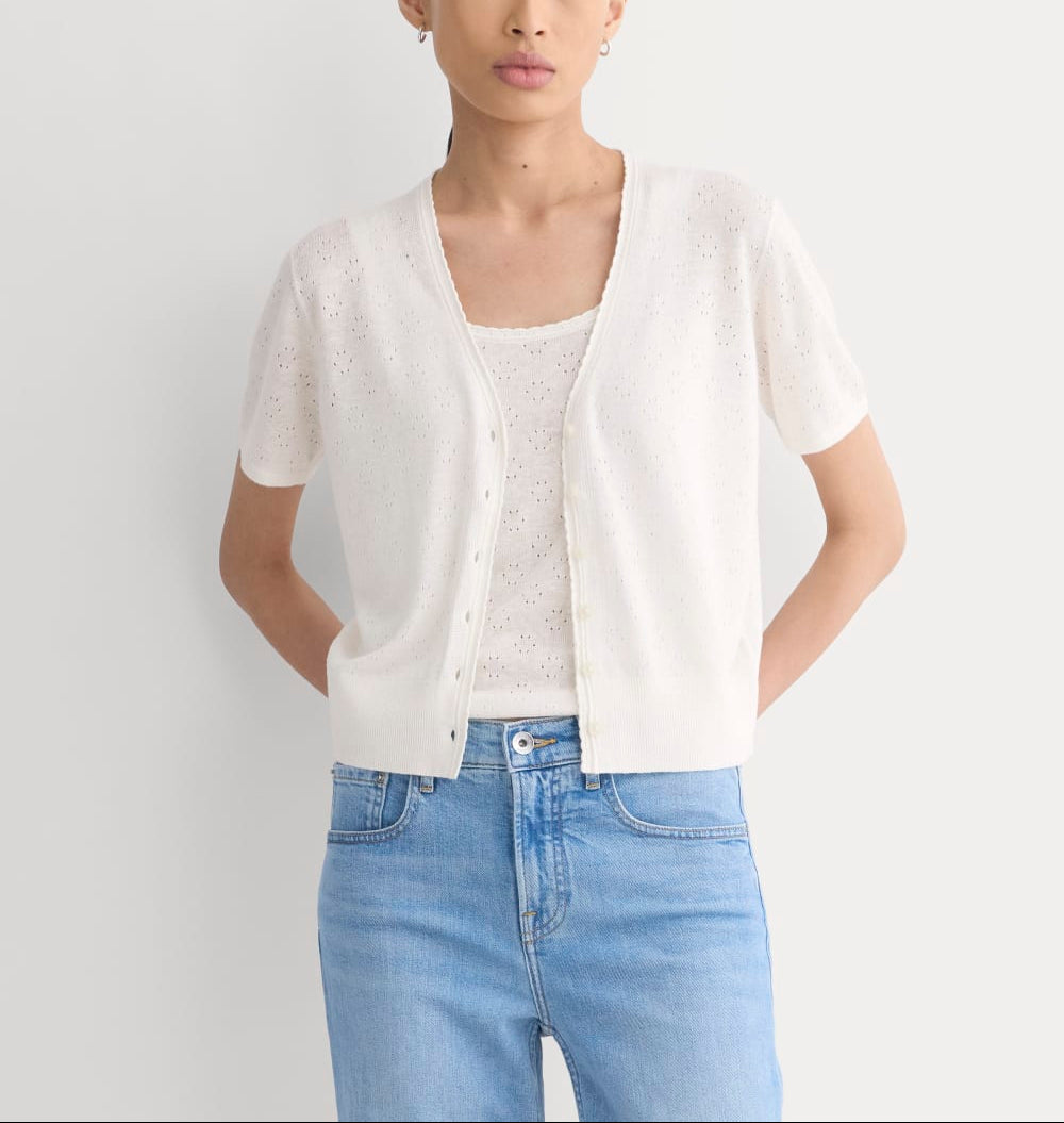 Lace Trim Cardigan in Fine Linen | Bone