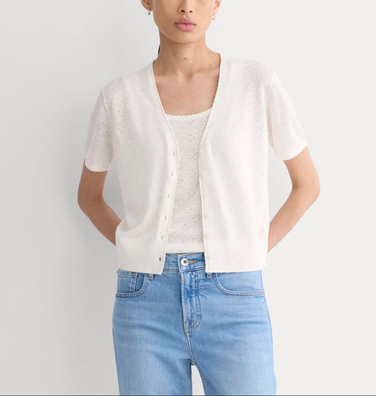 Lace Trim Cardigan in Fine Linen | Bone