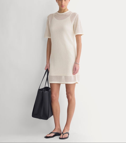 Mesh-Knit Short-Sleeve Dress | Bone