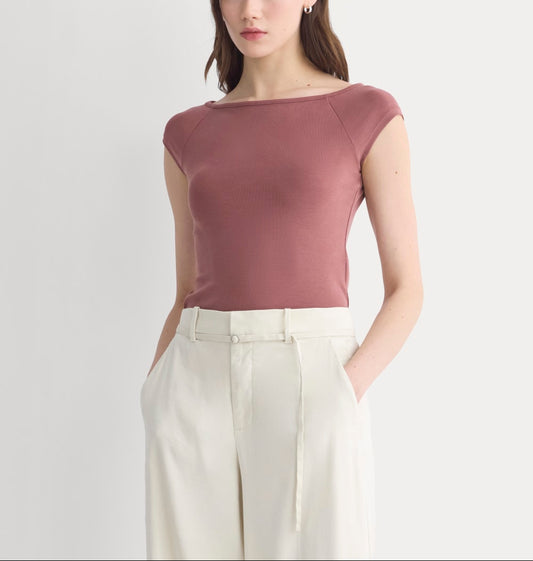Boatneck Cap-Sleeve Top in Butterknit | Henna Red