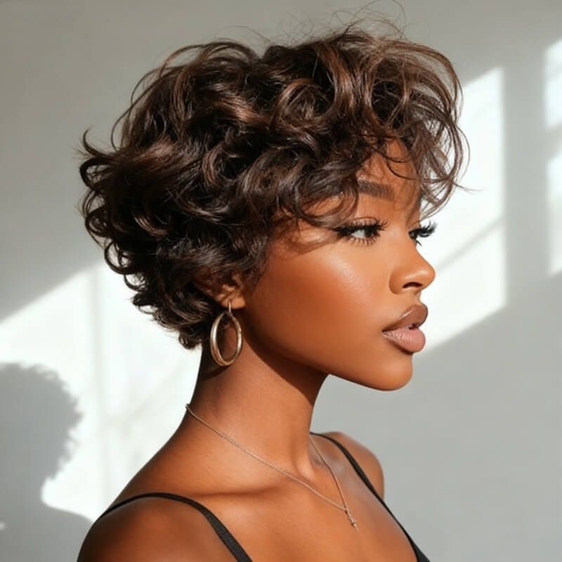 Pixie Cut Brown Waves Short Wigs For Women Glueless Human Hair Wigs