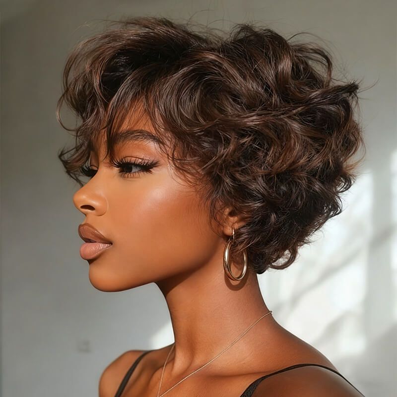 Pixie Cut Brown Waves Short Wigs For Women Glueless Human Hair Wigs
