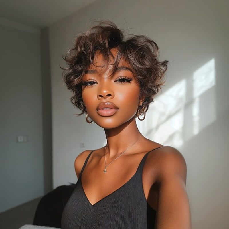 Pixie Cut Brown Waves Short Wigs For Women Glueless Human Hair Wigs