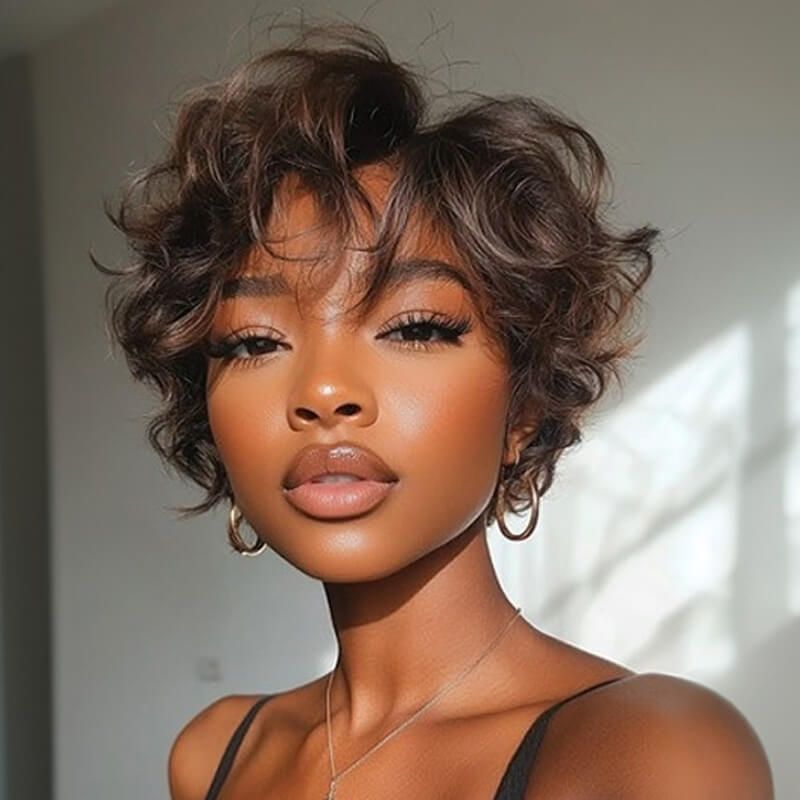 Pixie Cut Brown Waves Short Wigs For Women Glueless Human Hair Wigs