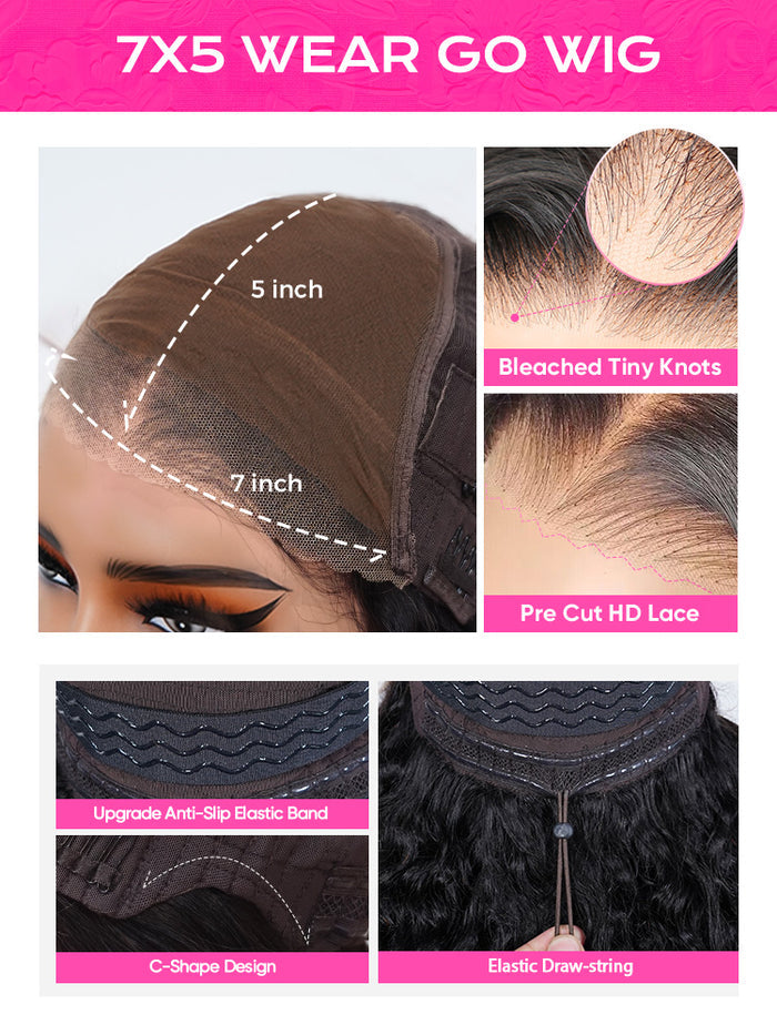 Pre-bleached Wear Go Glueless Wig 7x5 Pre-cut HD Lace Burmese Curly Human Hair
