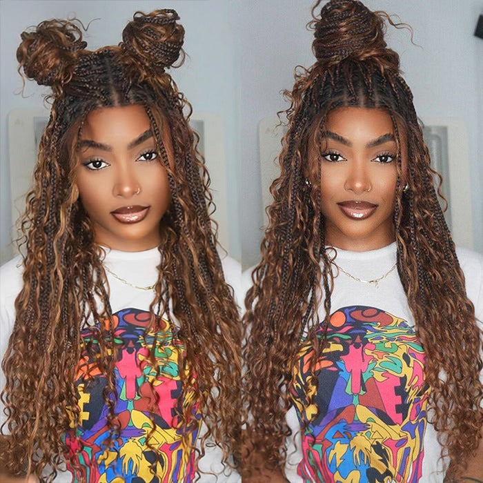 Knotless Boho Braids HD 13x6 Lace Frontal Human Hair Wig Flexi Fit Drawstring Cap Water Wave Glueless Braided Wigs