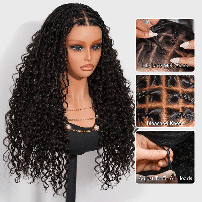 Knotless Boho Braids HD 13x6 Lace Frontal Human Hair Wig Flexi Fit Drawstring Cap Water Wave Glueless Braided Wigs