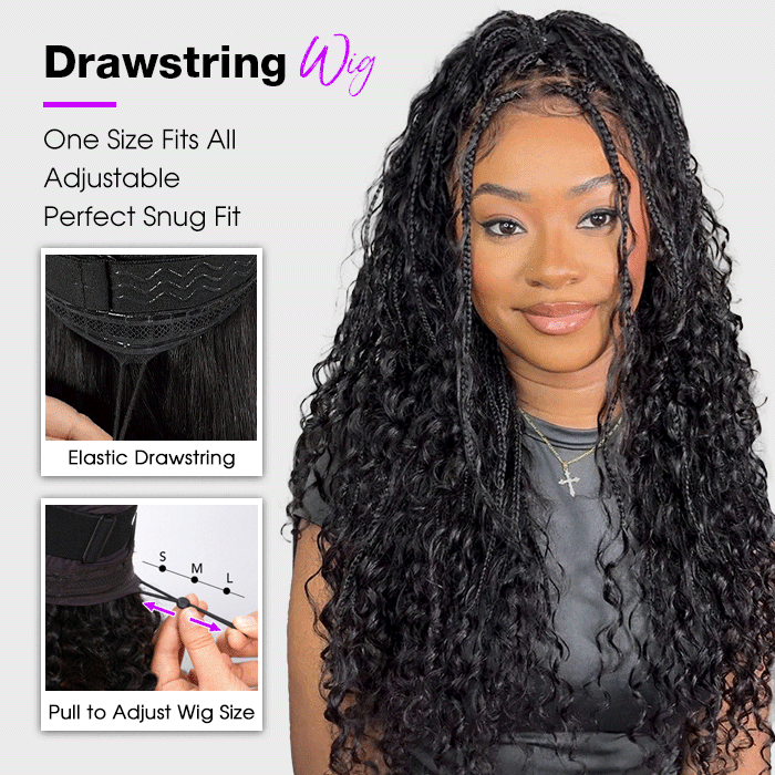 Knotless Boho Braids HD 13x6 Lace Frontal Human Hair Wig Flexi Fit Drawstring Cap Water Wave Glueless Braided Wigs