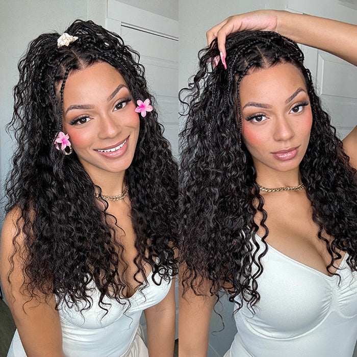 Knotless Boho Braids HD 13x6 Lace Frontal Human Hair Wig Flexi Fit Drawstring Cap Water Wave Glueless Braided Wigs