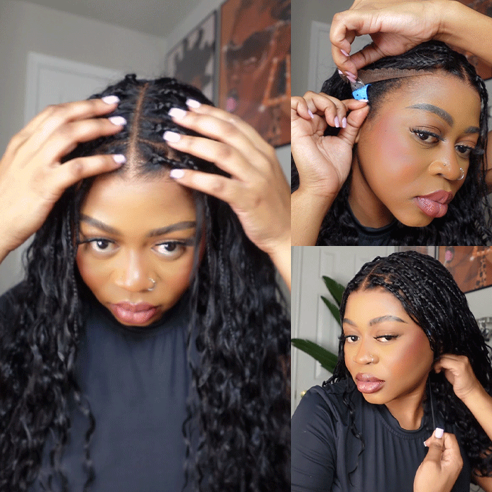 Knotless Boho Braids HD 13x6 Lace Frontal Human Hair Wig Flexi Fit Drawstring Cap Water Wave Glueless Braided Wigs