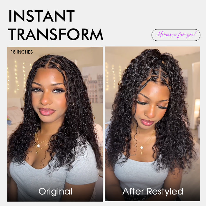 Knotless Boho Braids HD 13x6 Lace Frontal Human Hair Wig Flexi Fit Drawstring Cap Water Wave Glueless Braided Wigs