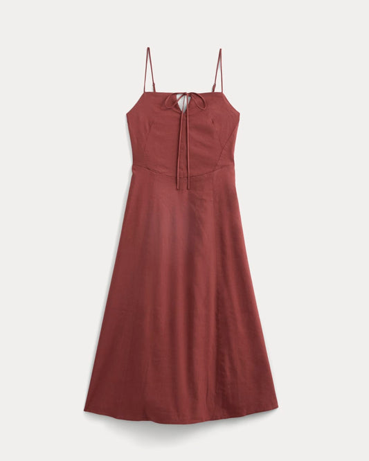 Tie-Neck Dress in Stretch Linen | Henna Red