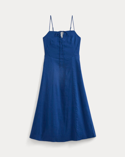 Tie-Neck Dress in Stretch Linen | Estate Blue
