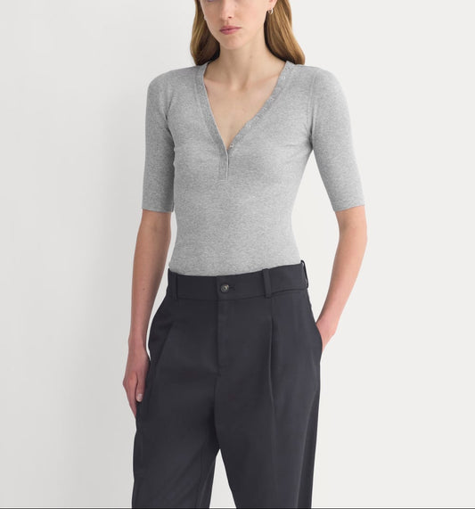 Luxe Rib V-Neck Henley | Heathered Light Grey