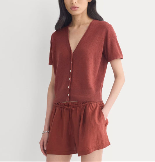Lace Trim Cardigan in Fine Linen | Henna Red