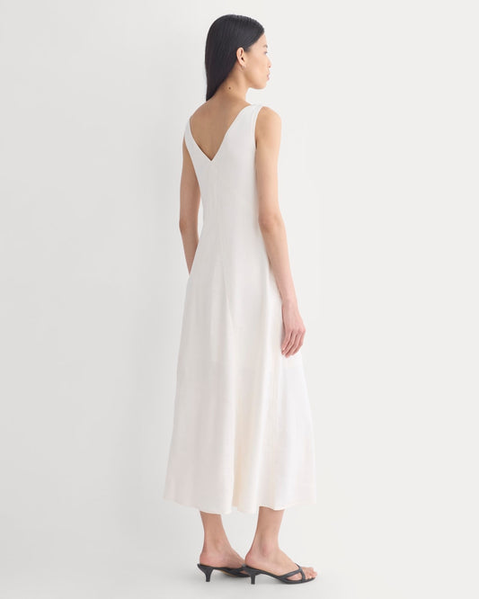 Deep V Seamed Dress in Stretch Linen | Bone
