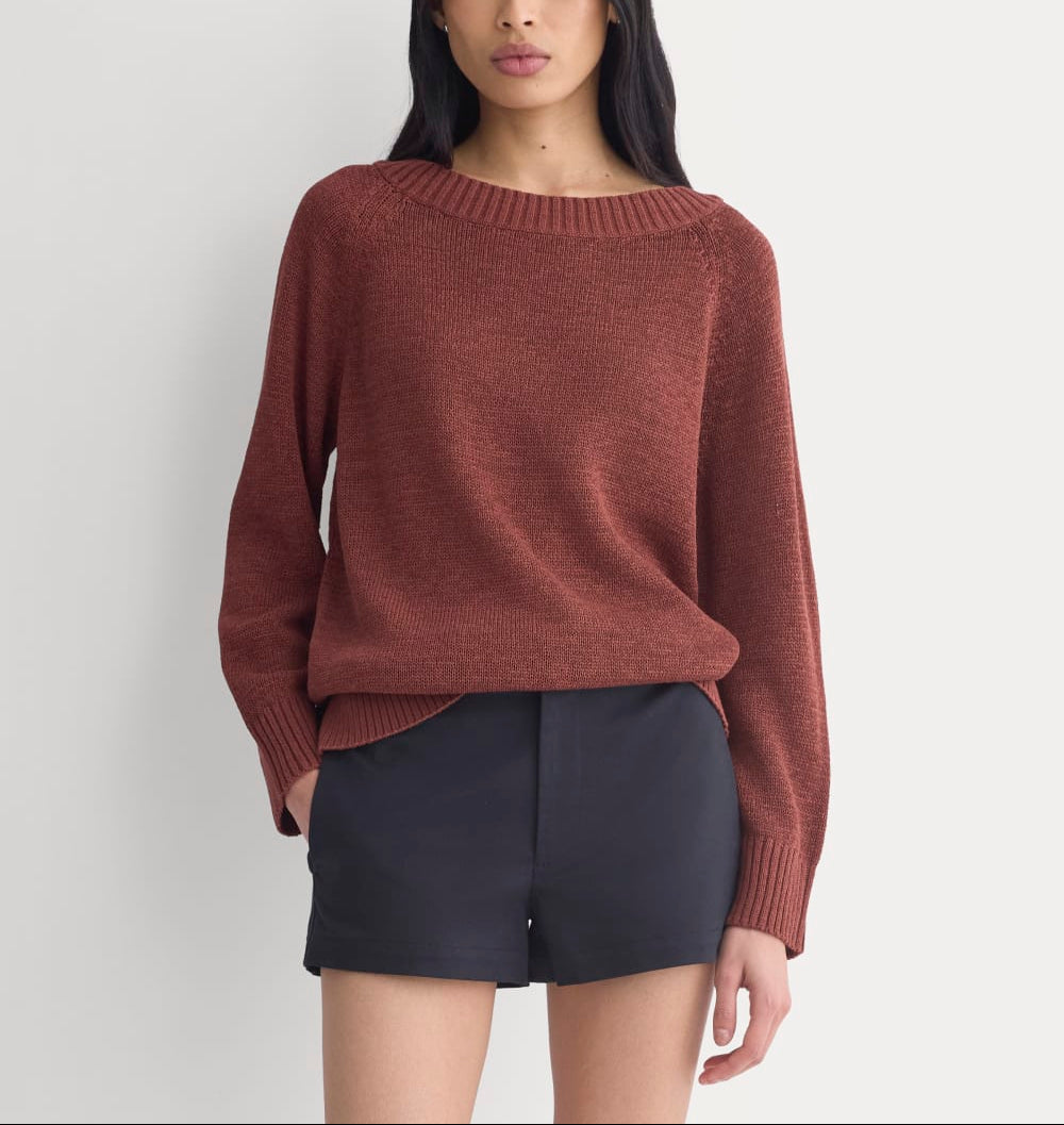 Wide-Neck Crew Sweater in Tape Yarn | Henna Red