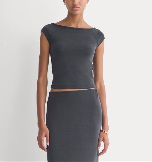 Boatneck Cap-Sleeve Top in Butterknit | Black