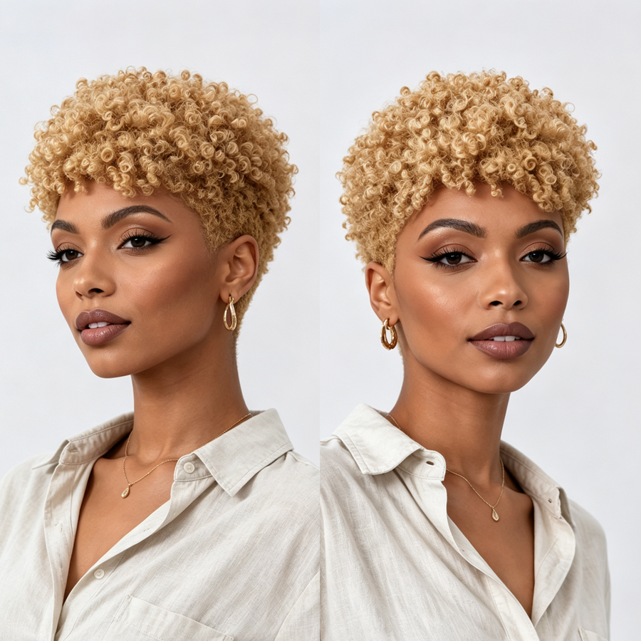 Golden Curly TWA Special Made Pixie Wig