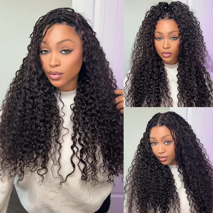 Knotless Boho Braids HD 13x6 Lace Frontal Human Hair Wig Flexi Fit Drawstring Cap Water Wave Glueless Braided Wigs