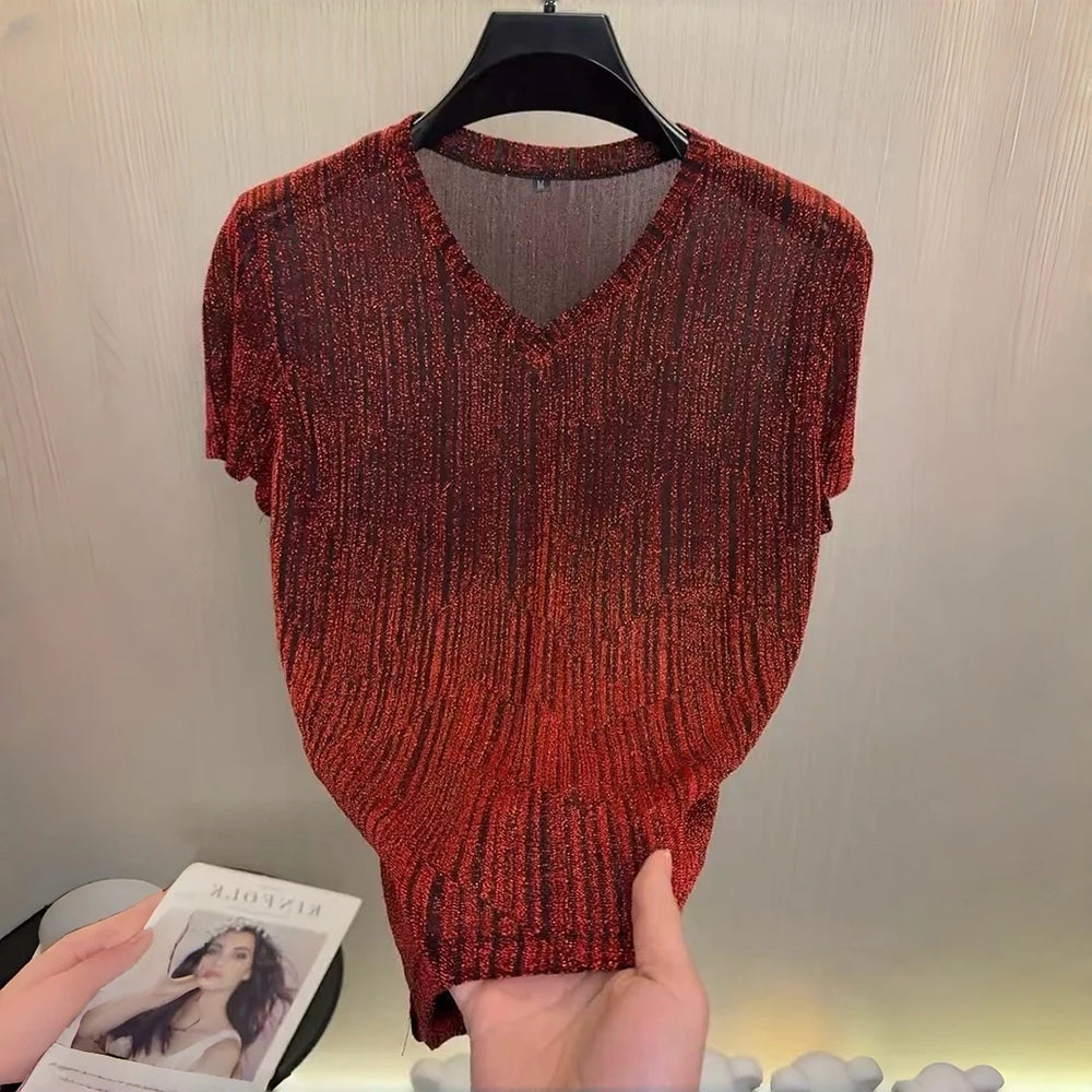V-neck stretch semi-transparent shimmering T-shirt