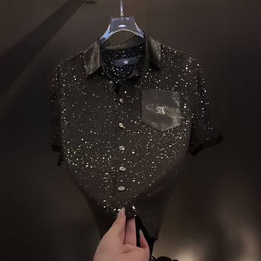 Starlight Rhinestone Embroidered Pocket Short Sleeve Shirt