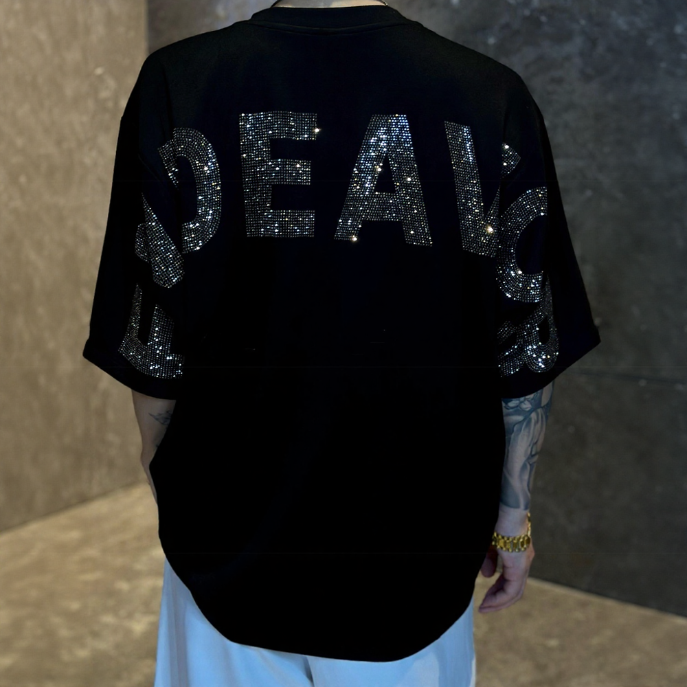 Oversized Back Letter Rhinestone Drop Shoulder T-Shirt
