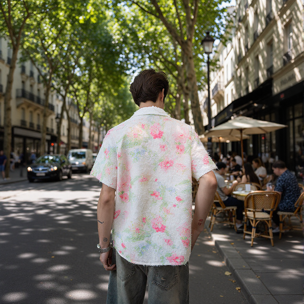 Watercolor Floral Raw Texture Lapel Short Sleeve Shirt