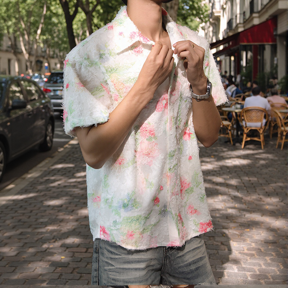 Watercolor Floral Raw Texture Lapel Short Sleeve Shirt