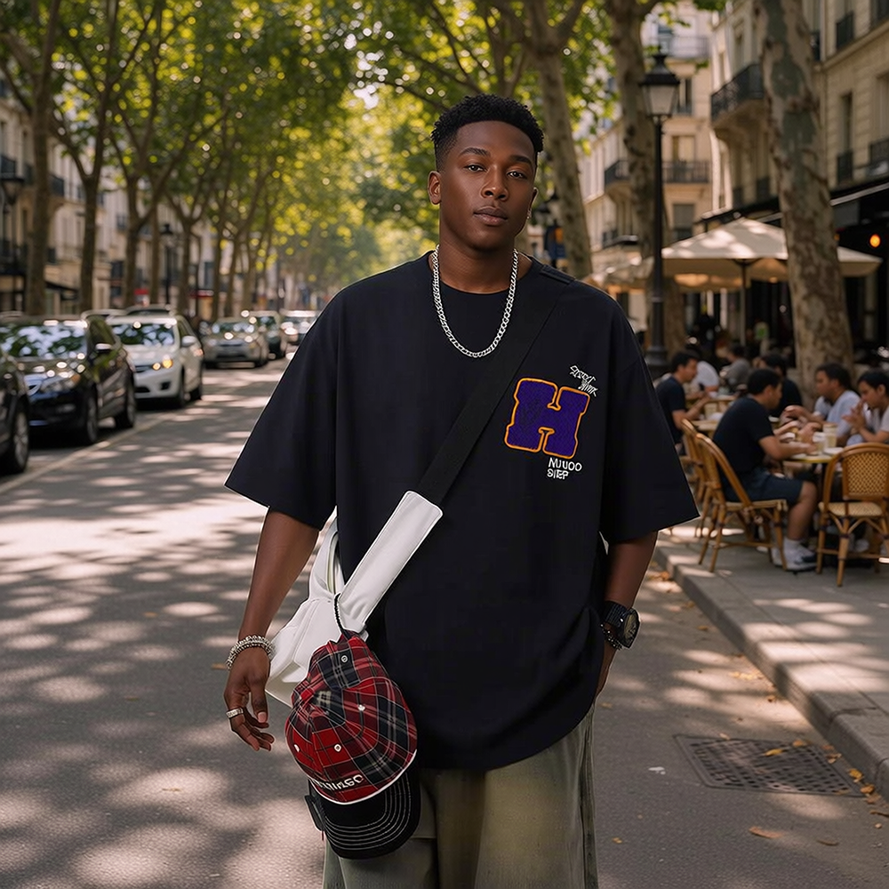 Back Multi-Graffiti Element Embroidery Oversized Drop-Shoulder Tee