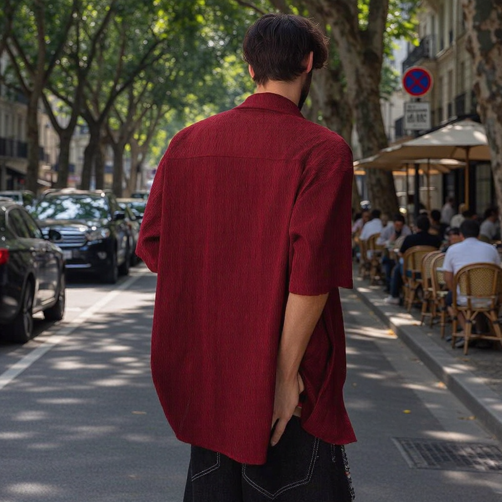 Vertical Texture Metal Pin Decor Loose Wide-Fit Short Sleeve Shirt