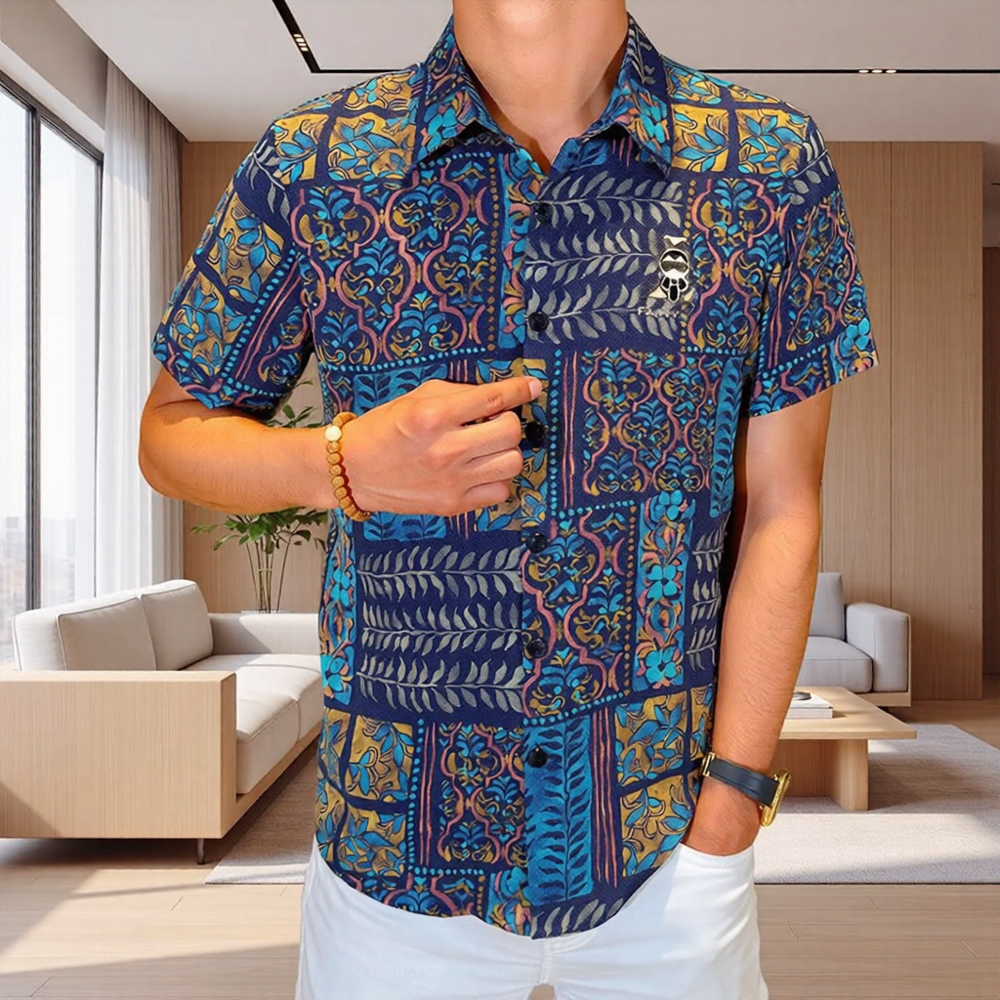 Retro Exotic Grid Vine Pattern Lapel Short Sleeve Shirt