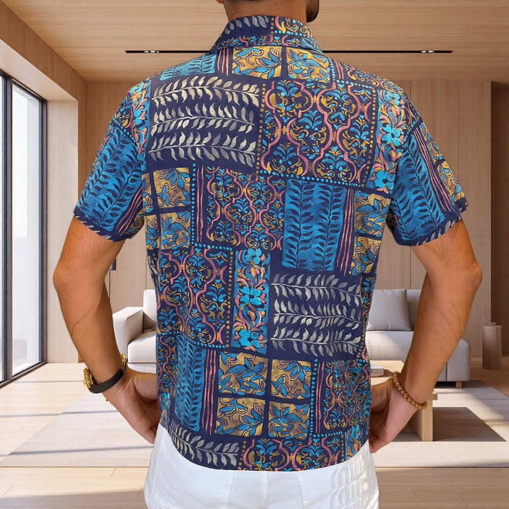 Retro Exotic Grid Vine Pattern Lapel Short Sleeve Shirt