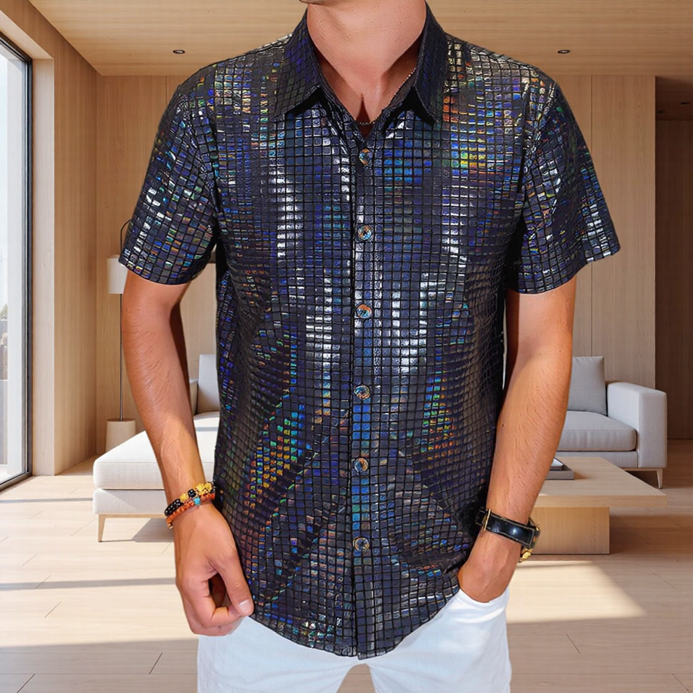 Grid Holographic Shiny Stage-Style Lapel Short Sleeve Shirt