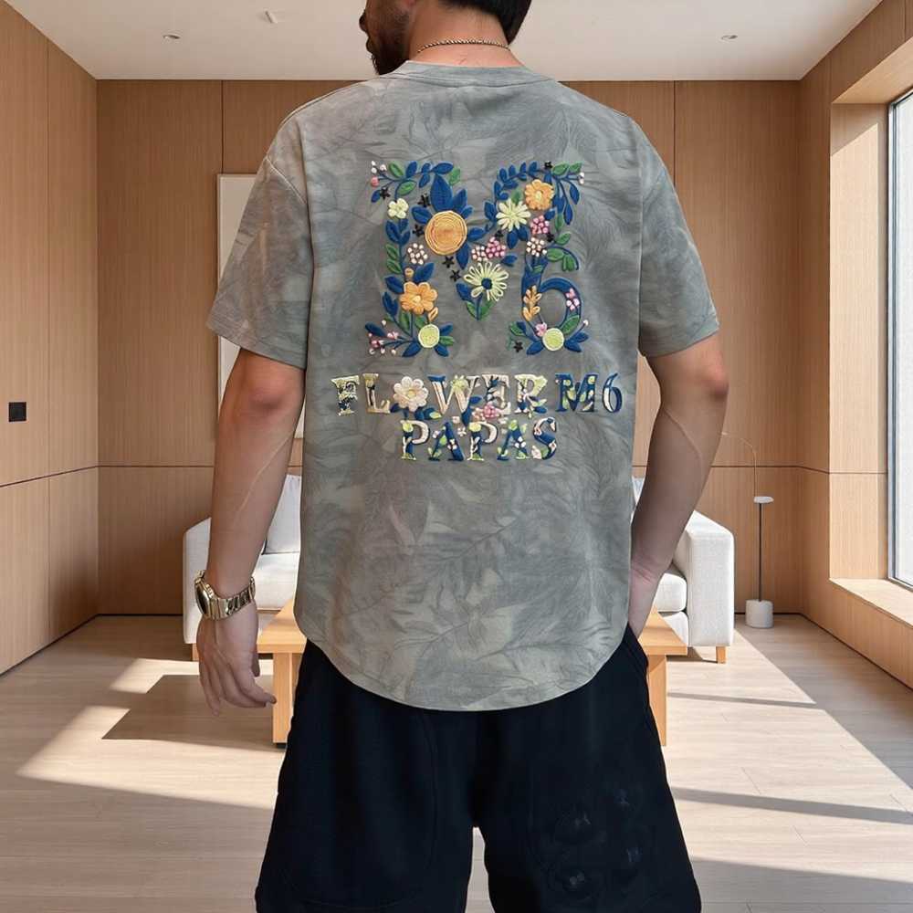 Back Heavy Floral Letter Embroidery Subtle Texture T-Shirt
