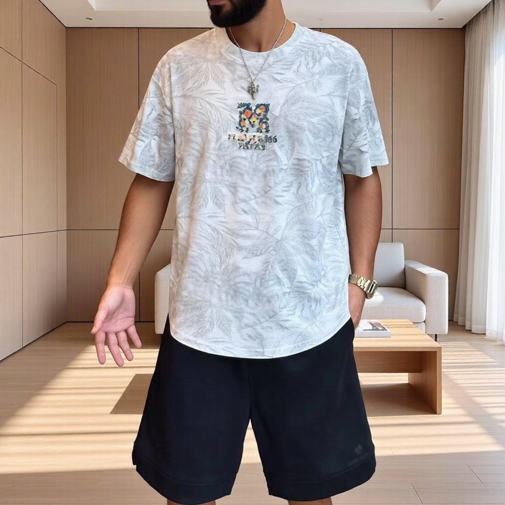 Back Heavy Floral Letter Embroidery Subtle Texture T-Shirt