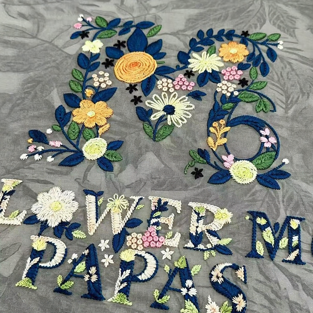 Back Heavy Floral Letter Embroidery Subtle Texture T-Shirt