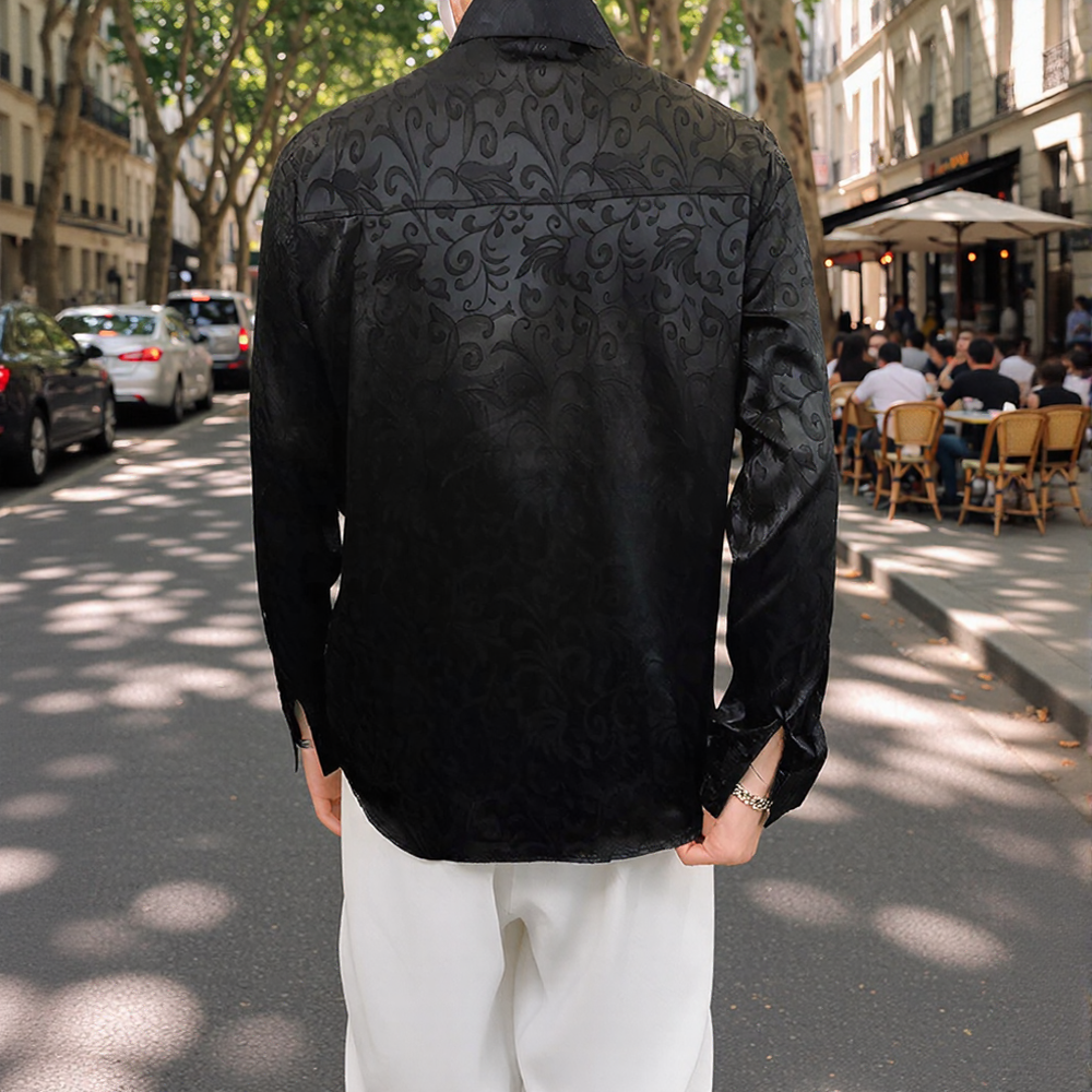 Vine Hidden Pattern Satin Jacquard Long Sleeve Lapel Shirt