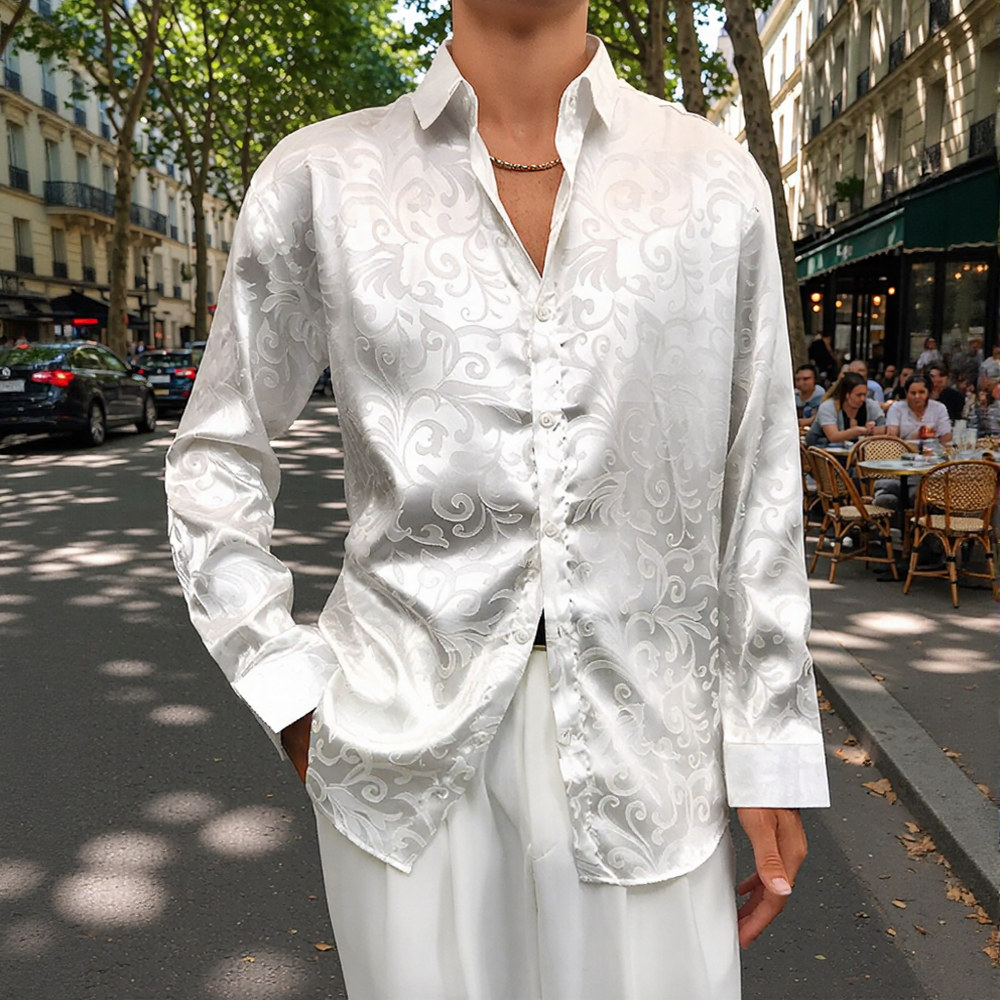 Vine Hidden Pattern Satin Jacquard Long Sleeve Lapel Shirt