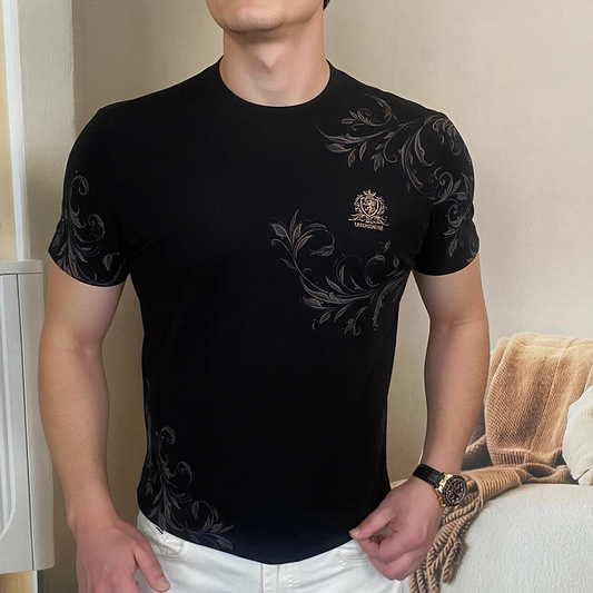 European Scroll Crest Rhinestone Curved Hem Slim Short Sleeve T-Shirt