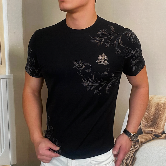 European Scroll Crest Rhinestone Curved Hem Slim Short Sleeve T-Shirt
