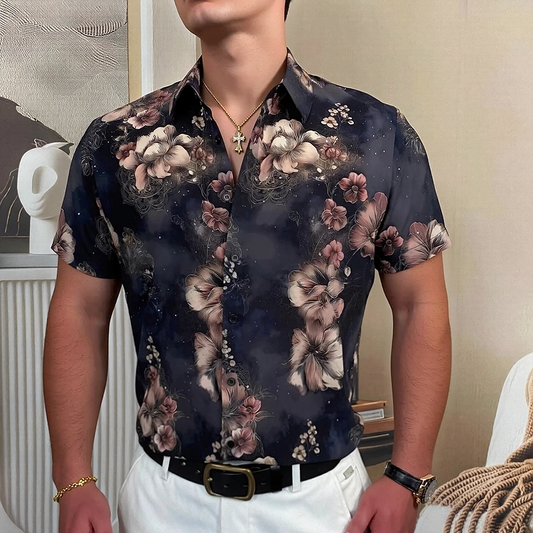 Ink Blur Large Floral Allover Print Draped Short Sleeve Lapel Shirt