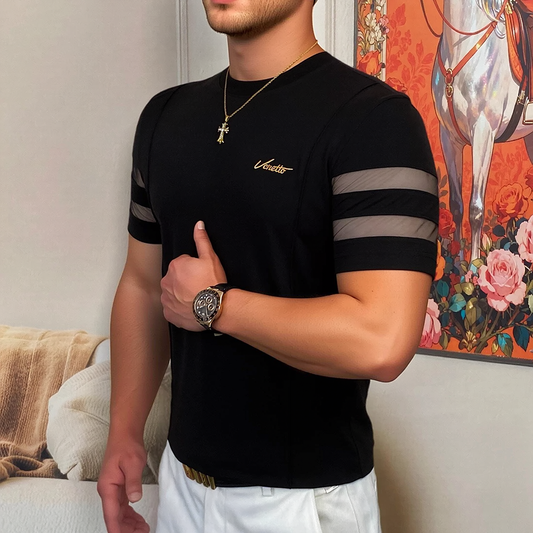 Double Side Horizontal Mesh Splicing Script Embroidery Slim Crew Neck T-Shirt