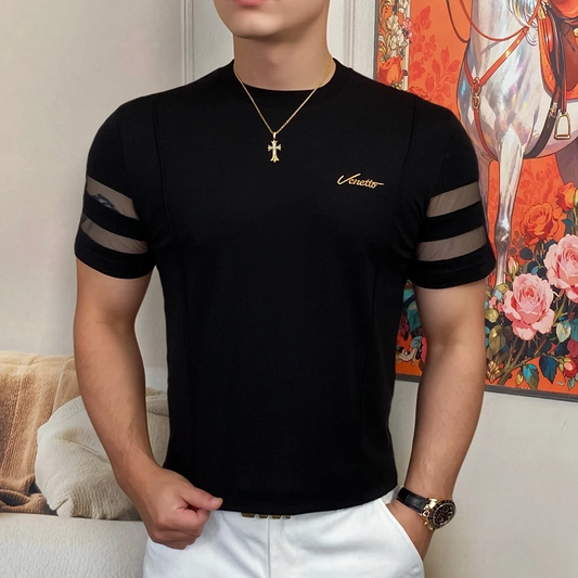 Double Side Horizontal Mesh Splicing Script Embroidery Slim Crew Neck T-Shirt