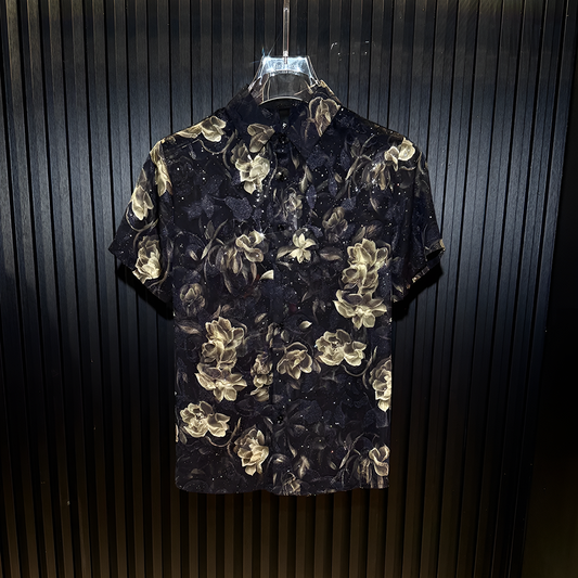 Dark Base Floral Star Glitter Lightweight Short Sleeve Lapel Shirt